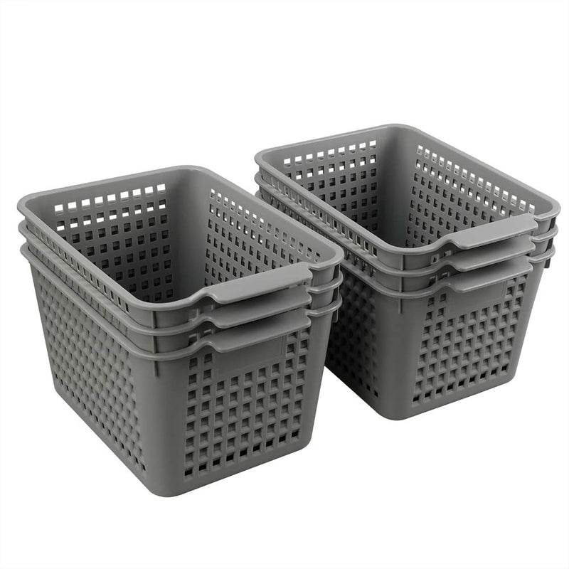 Plastic Storage Organizer Basket, Grey Woven Plastic Baskets, 6-Pack