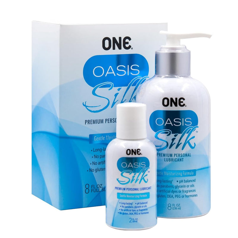 Oasis Silk Twin Pack | Premium Personal Hybrid Lubricant | Gentle, Easy To Clean, Longer-Lasting Formula | Non-Sticky, Silky, And Ultra Hydrating | 8Oz. Pump Bottle And 2Oz. Travel Size Bottle