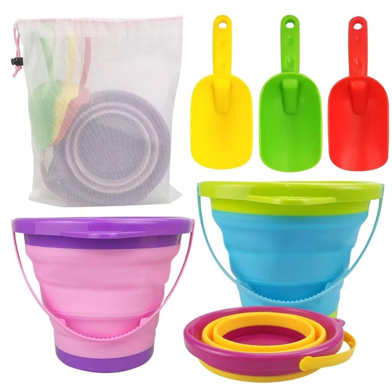 Collapsible Beach Pail Bucket, 3Pcs Fordable Sand Buckets And Shovels With Mes