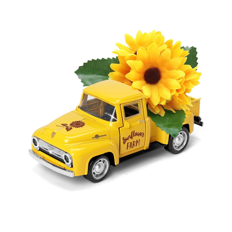 Sunflower Metal Truck With Artificial Plastic Flower Yellow Vintage Farm Picku