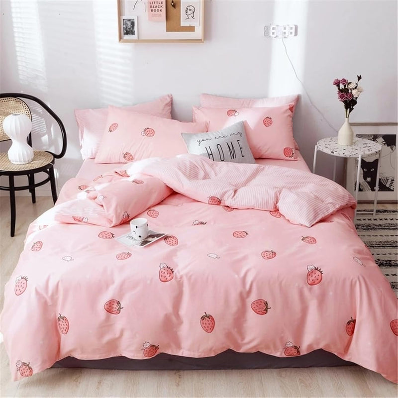 Strawberry Duvet Cover Set Girls Pink Duvet Cover Full -100% Cotton Cartoon Fr