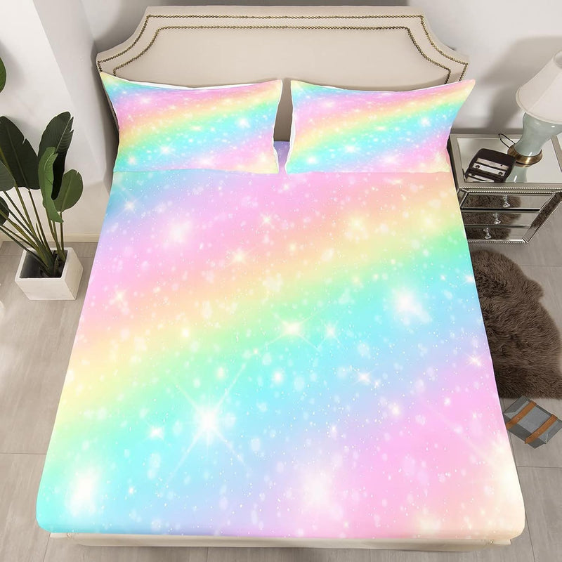 Rainbow Bedding Set For Kids Girls Teens Tie Dye Pastel Fitted Bed Sheet Gold