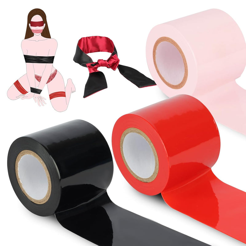 Bdsm Bondage Restraints Tape Set – 3 Rolls Electrostatic Tape With Blindfold For Bdsm Games Adult Sex Toys Bondage Tape Reusable Binding Pvc Sex Things For Couples Kinky 52.5Ft*3Rolls