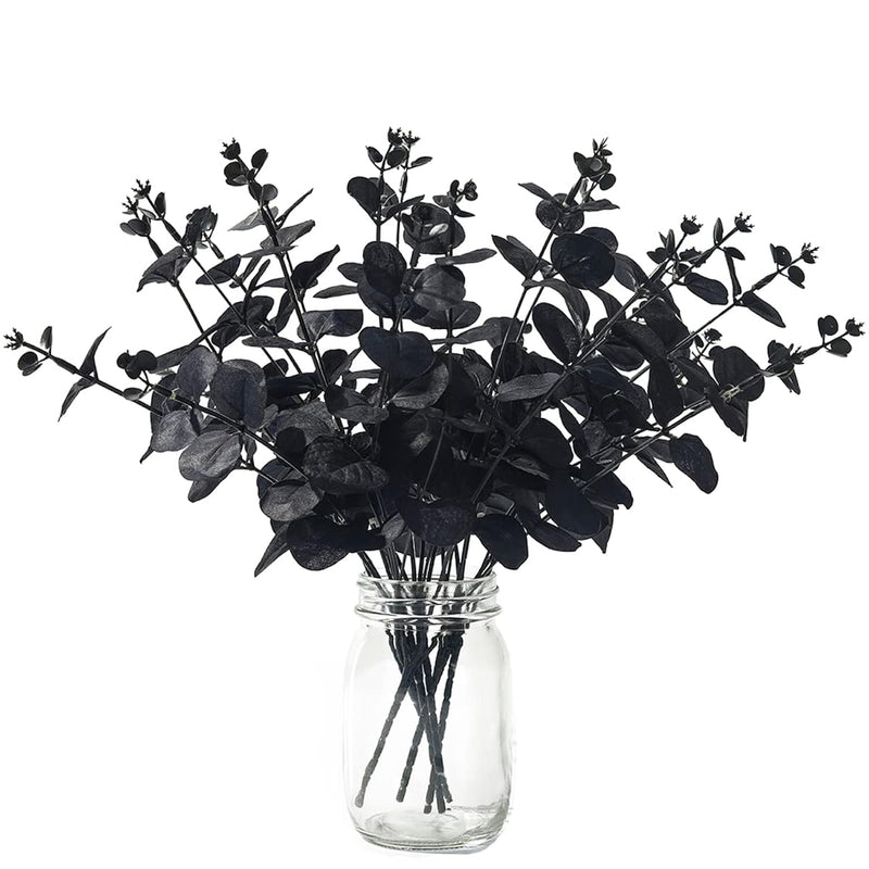 6 Pcs Black Artificial Eucalyptus Stems Faux Eucalyptus Leaves Branches Black