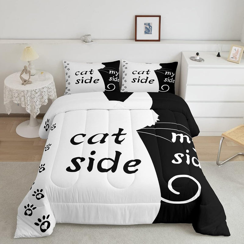 Cat Side And My Side Bedding Set Queen Size Black White Cute Cat Comforter Set