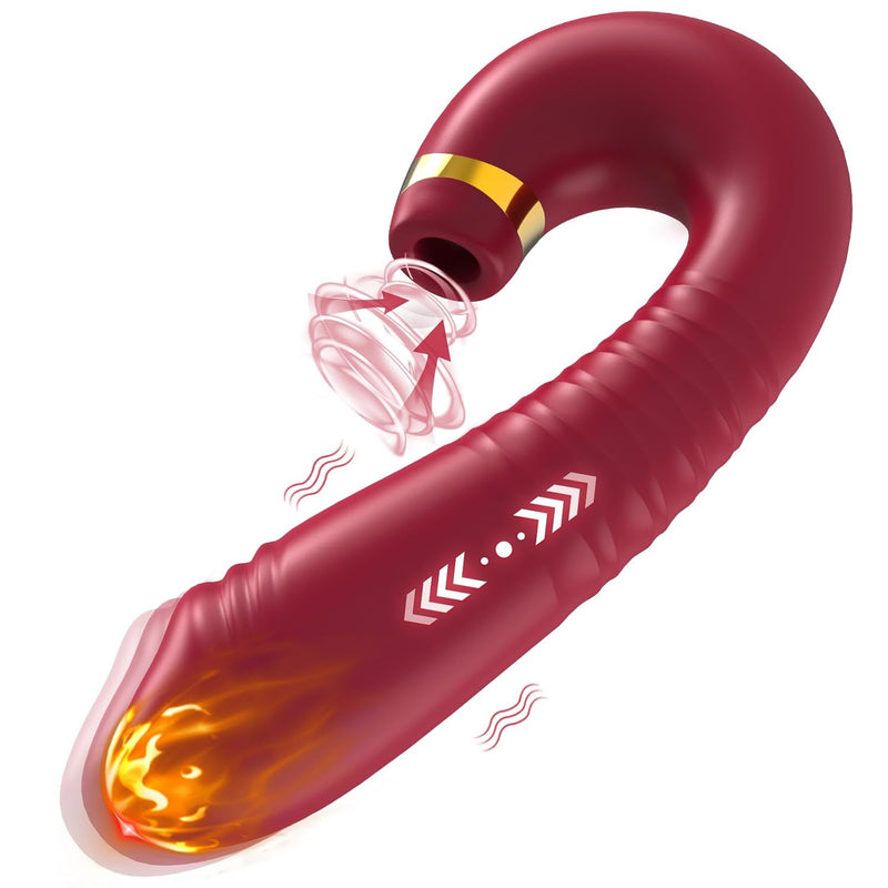 Adult Sex Toy Vibrator Dildo - 2In1 G Spot Clitoris Stimulator With 9 Thrusting + 9 Suction, Adult Nipple Clit Anal Forplay Sucker Games For Female Women Men Couples Chrome Red