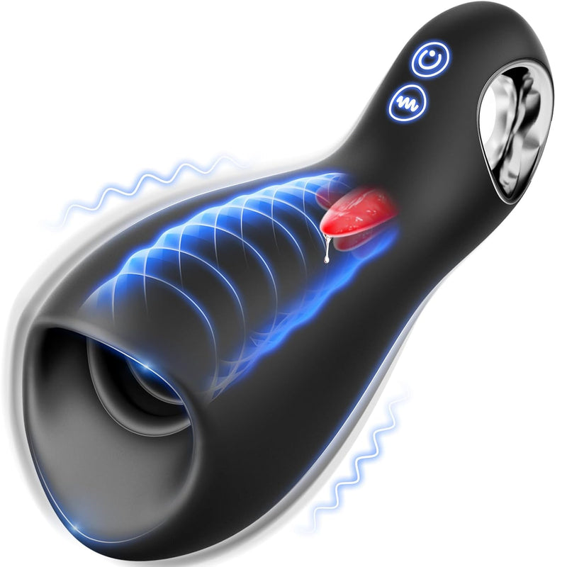 Male Sex Toys For Men Penis Vibrator - 10 Vibrating & 5 Tongue Licking Male Masturbator Penis Trainer Pump With Loop-Handle For Training & Prolong Endurance, 360° Wrapped Mens Stroker Adult Sex Toy