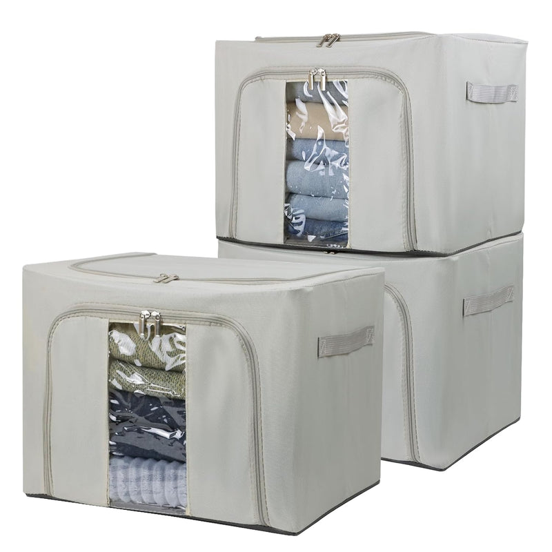 36L Clothes Storage Bins With Metal Frame, 3 Pcs Stackable Clothing Storage Boxe