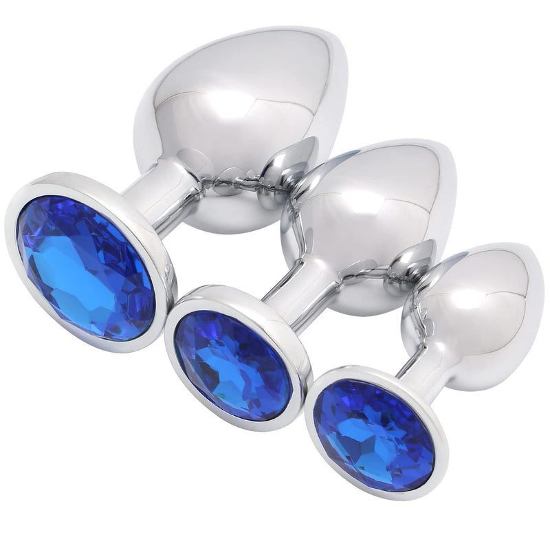 Store 3 Piece Luxury Jewelry Design Fetish Stainless Steel Anal Butt Plug With Penis Condom, Blue, 10.4 Ounce