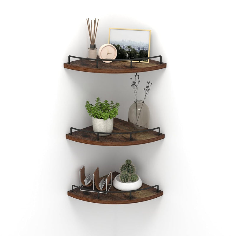 Floating Corner Shelf Wall Mount, Set Of 3 Rustic Wood Corner Wall Shelves Wit
