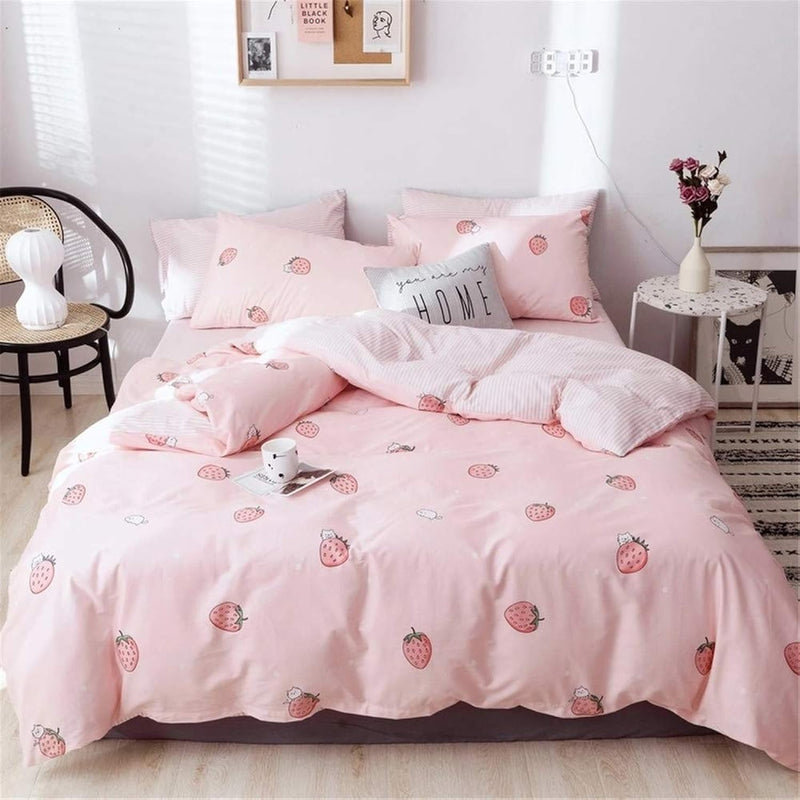 Pink Strawberry Duvet Cover Full Queen Girls Bedding Set,Cute Kawaii Fruit Pri