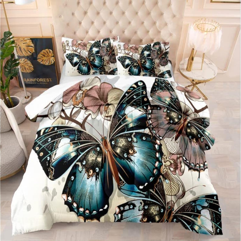 3D Luxury Butterfly Printed Quilt, 3-Piece Retro Vintage Romantic Style Comfor