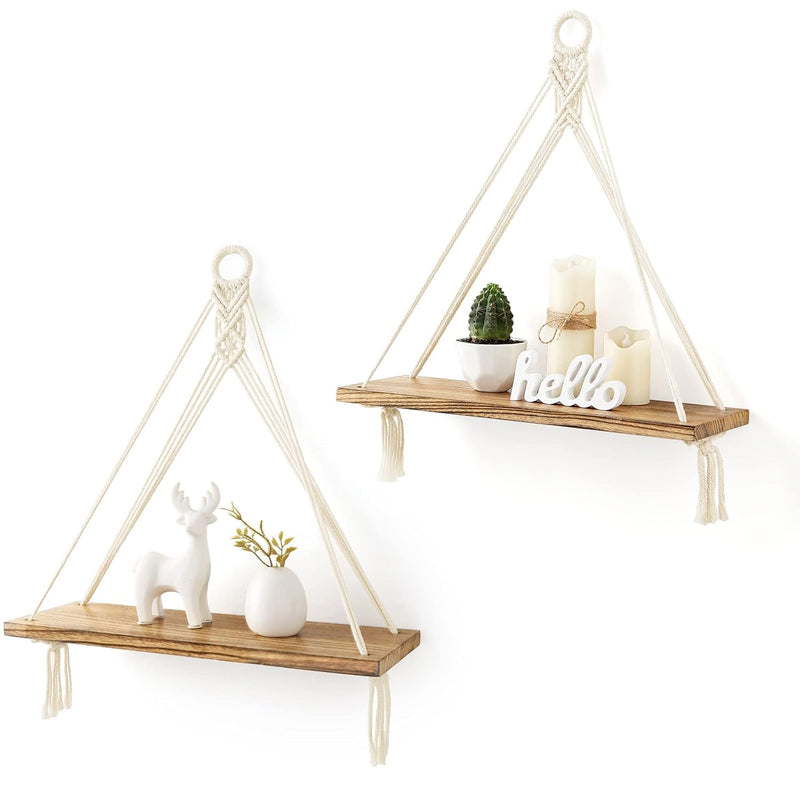 Macrame Hanging Shelves Boho Wall Decor Set Of 2 Rustic Wood Floating Storage