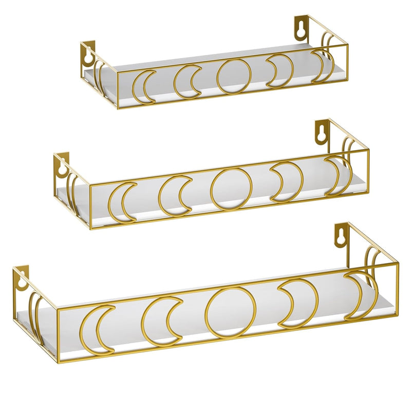 Gold Moon Phase Wall Shelf, 3 Piece Small Floating Shelves Set For Storage Boo