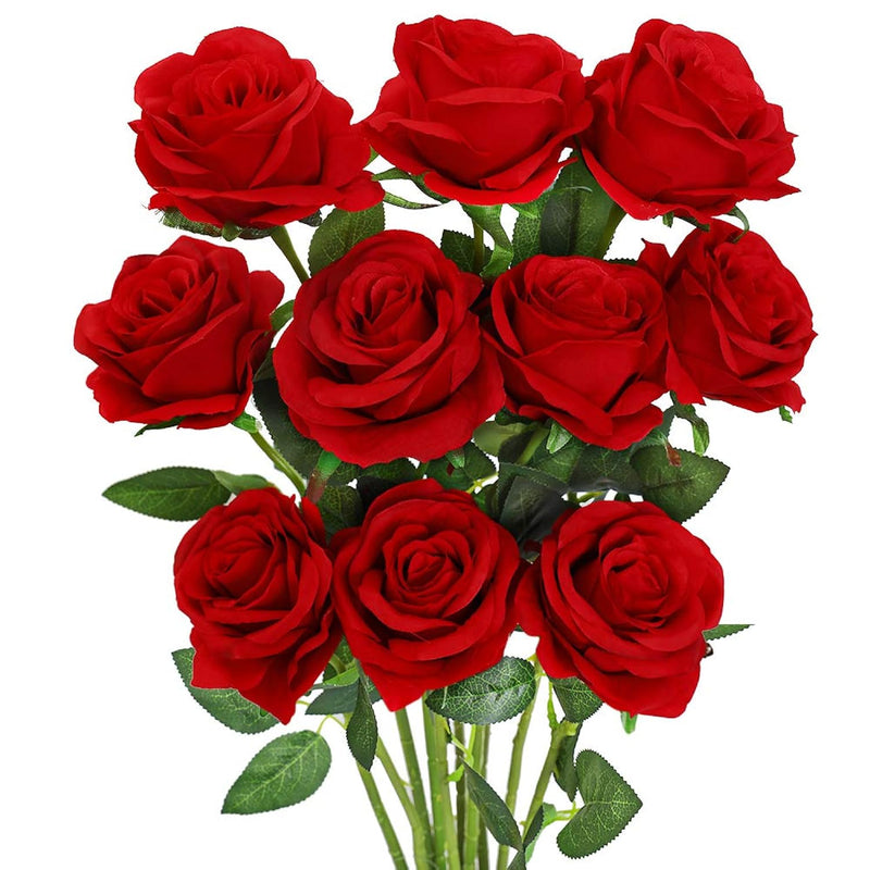 10 Pack Artificial Red Rose Flower Fake Silk Roses With Stem Flowers Bouquet W