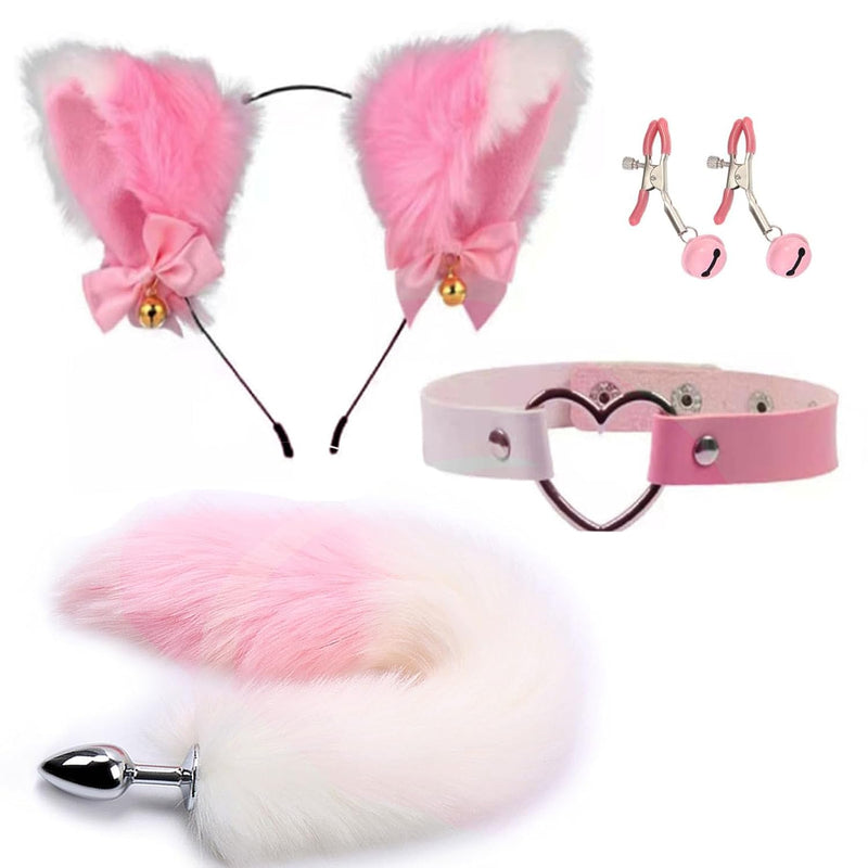 Fox Tail Anal Plug Collar And Nipple Clamps Cat Ears Butt Plug Stainless Steel Anal Plug With Faux Fur Fox Tail For Women Costume Cosplay