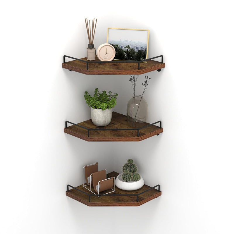 Floating Corner Shelf Wall Mount, 3 Pack Rustic Wood Corner Wall Shelves With