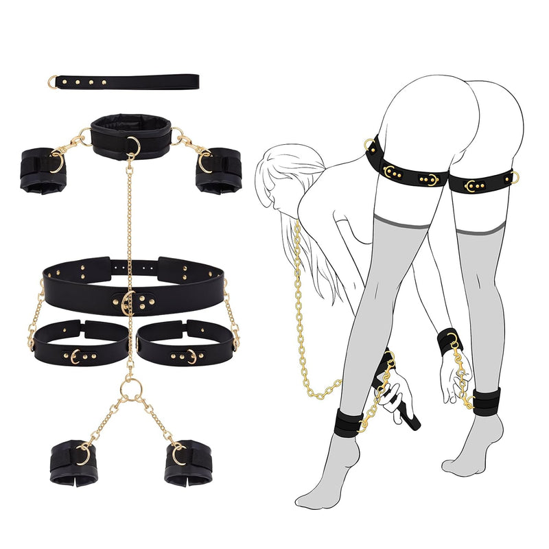 Sex Bondage Bdsm Kit Restraints - Adult Sex Toys For Couples Neck To Wrist Sm Gear & Accessories Game 7Pcs Sets With Adjustable Handcuffs Ankle Thigh Cuff Cross Waist Strap Traction Chain Collar