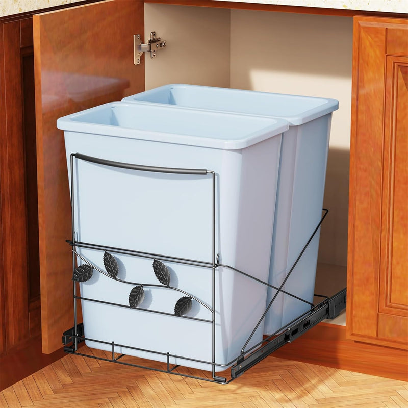 Double Pull Out Trash Can Under Cabinet, 35Qt Cabinet Trash Can Pull Out Kit, He
