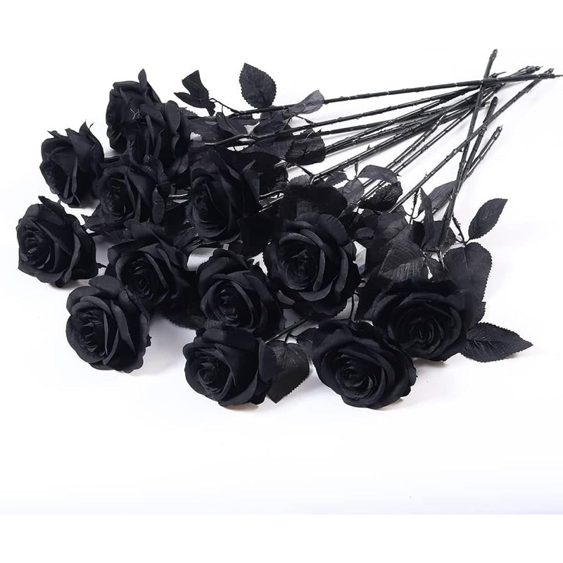 12 Pcs Artificial Flowers Halloween Decor, Fake Black Roses Silk Long Stem Art