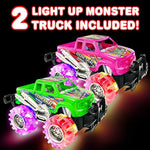 Pink And Green Light Up Monster Truck Set For Boys And Girls, Set Includes 2, 6 Inch Monster Trucks With Beautiful Flashing Led Tires, Push N Go Toy Cars, Best Gift For Kids, For Ages 3+
