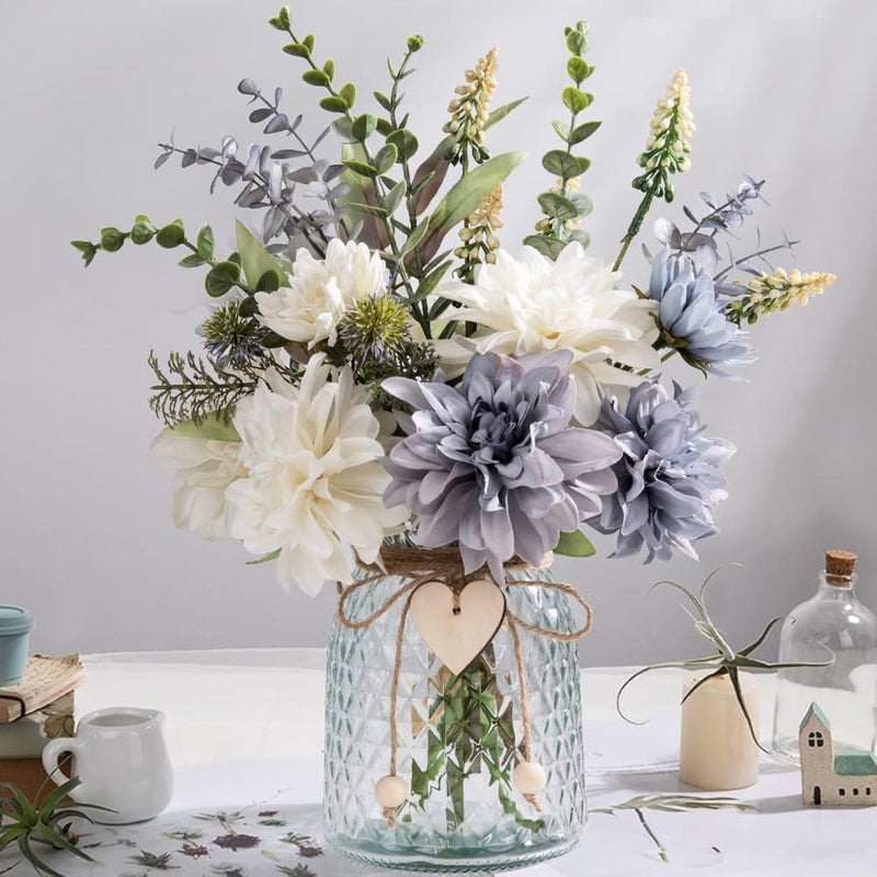 Silk Flowers In Vase, Artificial Flowers Arrangement With Glass Vase Faux Dahl