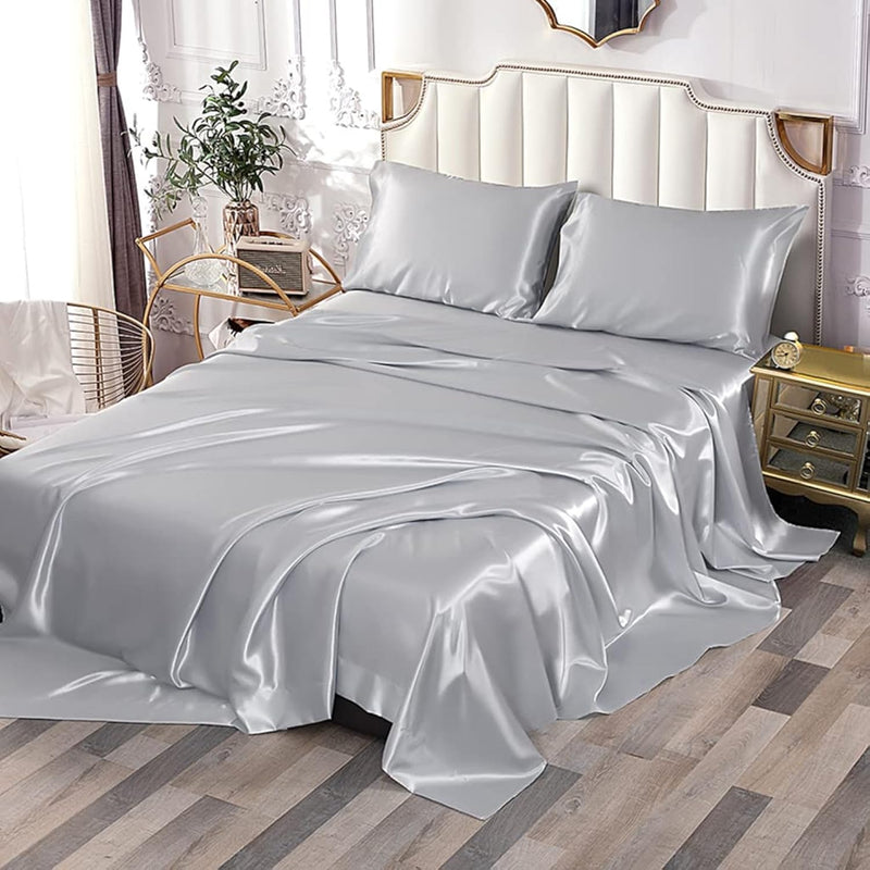 Silver Satin Bed Sheet Set, Satin Sheets Queen Size, Deep Pocket Silky Satin S
