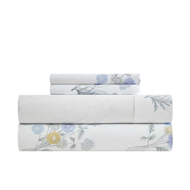 Floral Sheet Sets 4 Pieces Queen Size, Ultra Soft Washed Microfiber Purple Whi