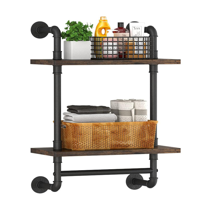 Industrial Pipe Floating Bathroom Shelves Wall Mounted With Towel Bar, 2 Tier