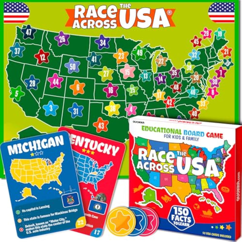 States Of America Board Game For Kids Ages 8-12 And Families – Learn Us States, Capitals, Landmarks & Fun Facts – Trivia Game With 50 Cards & Map Board – Educational Game For Classrooms Or Home