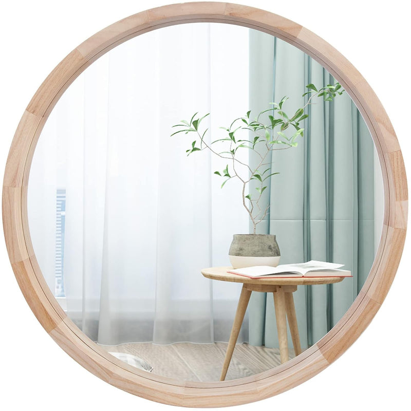 Round Mirror, 24 Inches Wood Mirror, Wall Mirror Decorative Circle Mirror, Nat