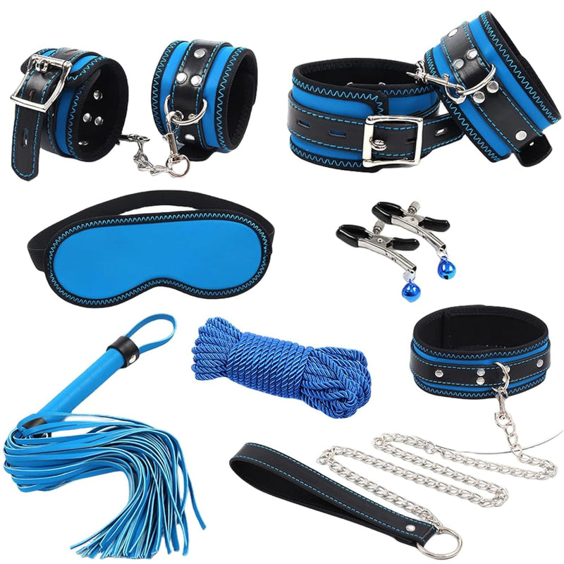 Bdsm Sex Bondage Kit Restraints, 7 Pcs Sex Toys Kit For Bondaged Restraints With Handcuffs Sex Blindfold Whip Nipple Clamps Adult Games Sex Toys For Men Women Couples Blue