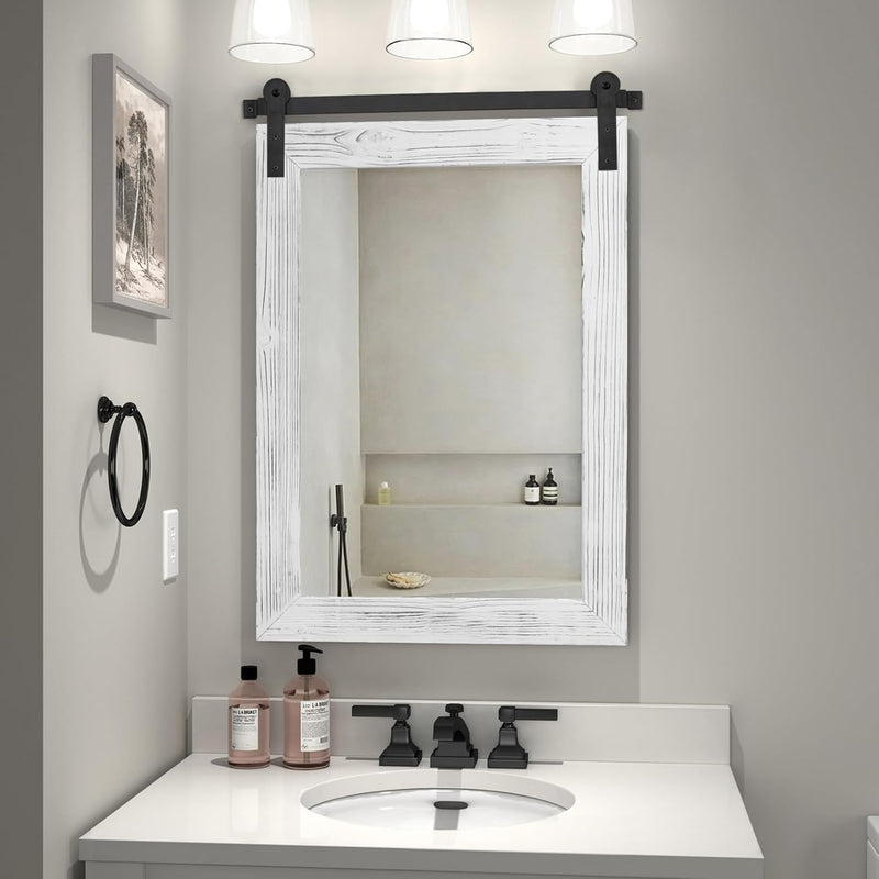 Farmhouse Bathroom Mirror - 30 X 21 Rustic Wood Framed Wall Barn Door Mirror F