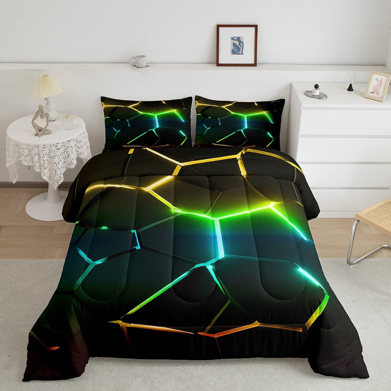 Honeycomb Comforter Set Hexagonal Geometry Fluorescent Green Yellow Bedding Se
