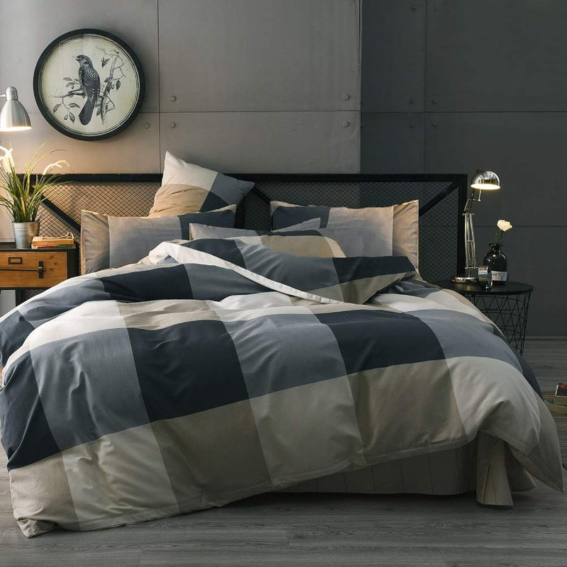 Cotton Grid Plaid Duvet Cover Set Queen Modern Reversible Checkered Bedding Se