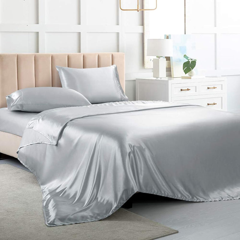 Satin Bed Sheet, Twin Size Shee-Sliver Grey Sheets Set-4 Pcs Silky Bed Sheet S