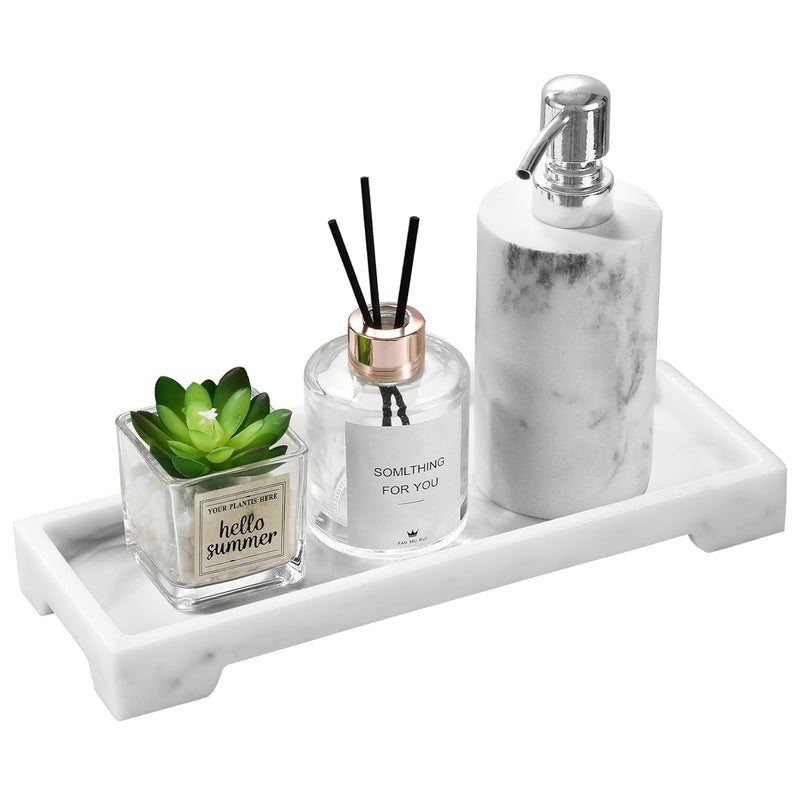 Bathroom Tray for Counter, Resin Bathroom Vanity Tray, Marble Tray with Feet, 11" x 4" Kitchen Soap Tray, Marble Tray for Soap Dispenser Perfume, Toilet Tank Tray, Small, White Marble