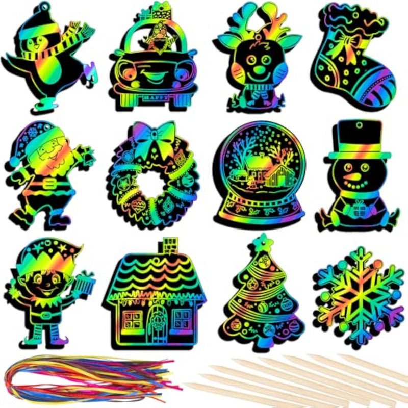 48 Pcs Christmas Rainbow Scratch Art Ornaments with Wooden Sticks for Kids