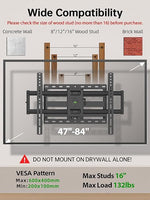 Full Motion TV Wall Mount for Most 47-84 inch Flat Screen/LED/4K TV, TV Mount Bracket Dual Swivel Articulating Tilt 6 Arms, Max VESA 600x400mm, Holds up to 132lbs, Fits 8” 12” 16" Wood Studs