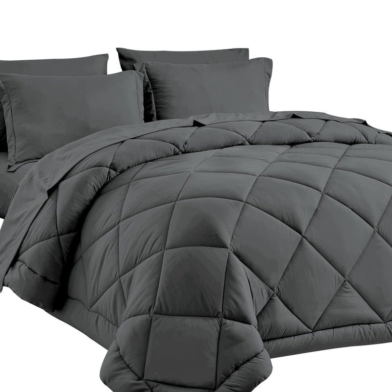 Queen Bed In A Bag 7-Pieces Comforter Sets With Comforter And Sheets Dark Grey