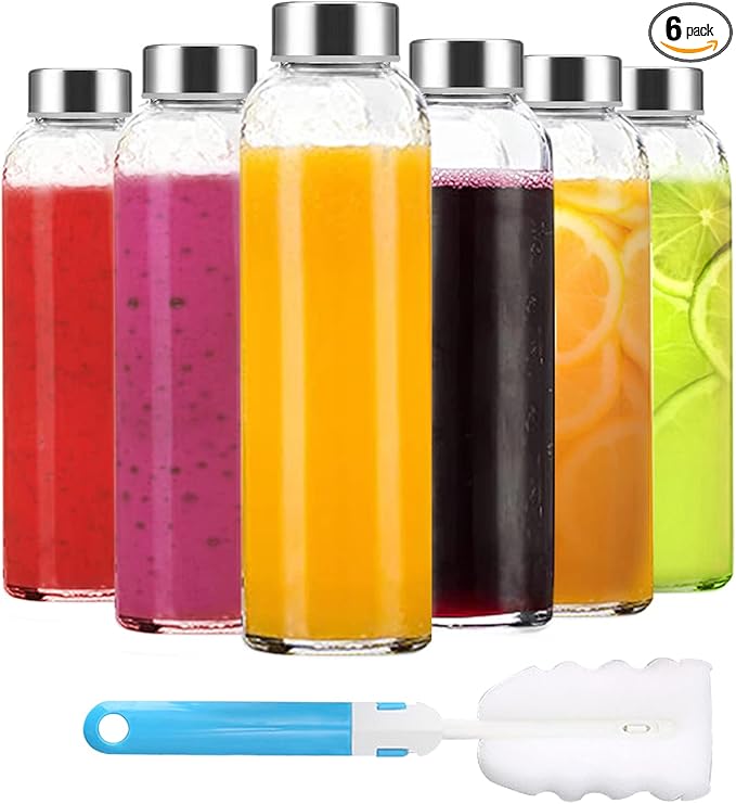 Clear Glass Bottles with Lids 18 oz, Reusable Glass Water Bottles with Stainless Steel Cap for Juicing,Refrigerator,100% Leak Proof, BPA Free, Glass Juice Bottles Set of 6