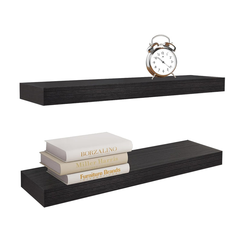 Black Floating Shelves Set Of 2 X 24" Wall Shelves For Kitchen, Bedroom, Livin