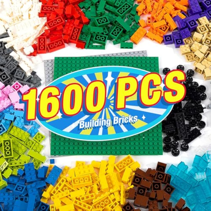 1600 Pieces Building Bricks, Building Bulk Block With 2 Packs 24X24 Studs Sticky Plate And 46Pcs Wheel Accessory - Compatible With All Major Bricks, Gfits For Kid - 18 Shape/16 Colo