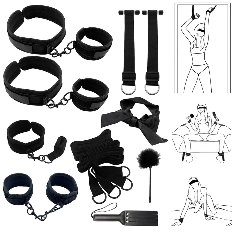 Sex Bondage Restraints Kit Bdsm Sex Toys 13Pcs Handcuffs Collar Ankle Thigh Cuffs Bed Door Straps Blindfold Feather Teaser Paddle Game Toys For Adults Women Men