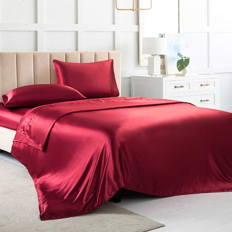 Satin Bed Sheets King Size Sheets, Red Silk Sheets, 4 - Pieces Soft Bedding Se