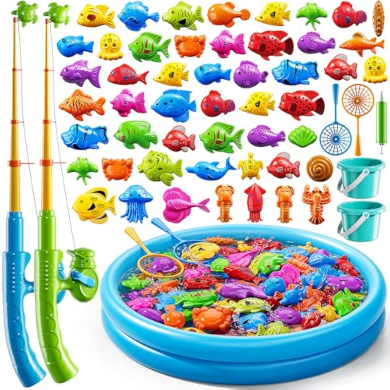 Magnet Fishing Toys Game For Kids 3-5 - Floating Fish Toys With Inflatable Kiddie Pool, Bath For Toddlers, Pole Rod Net, Outdoor Party For Boys Girls Kids Age 3 4 5 6 7 8 Year Old