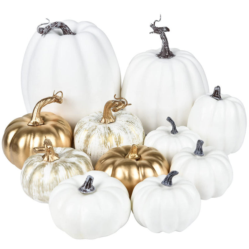 11Pcs Fall Artificial Pumpkins Harvest Frosted Pumpkins Gold Brushed White Foa