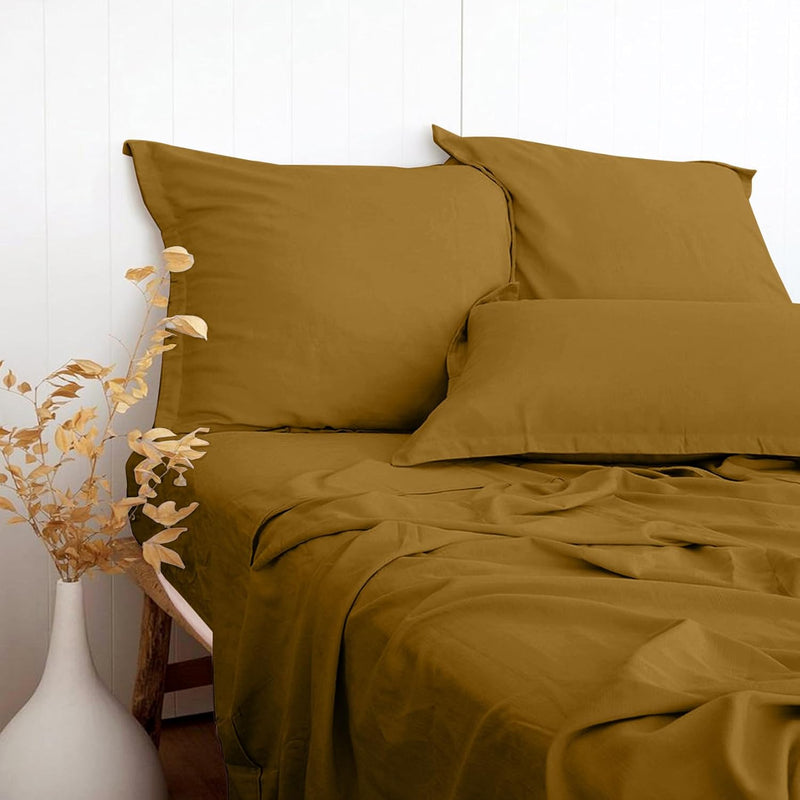 Mustard Yellow Linen-Textured Viscose From Bamboo Cotton Blend Sheets Set Quee