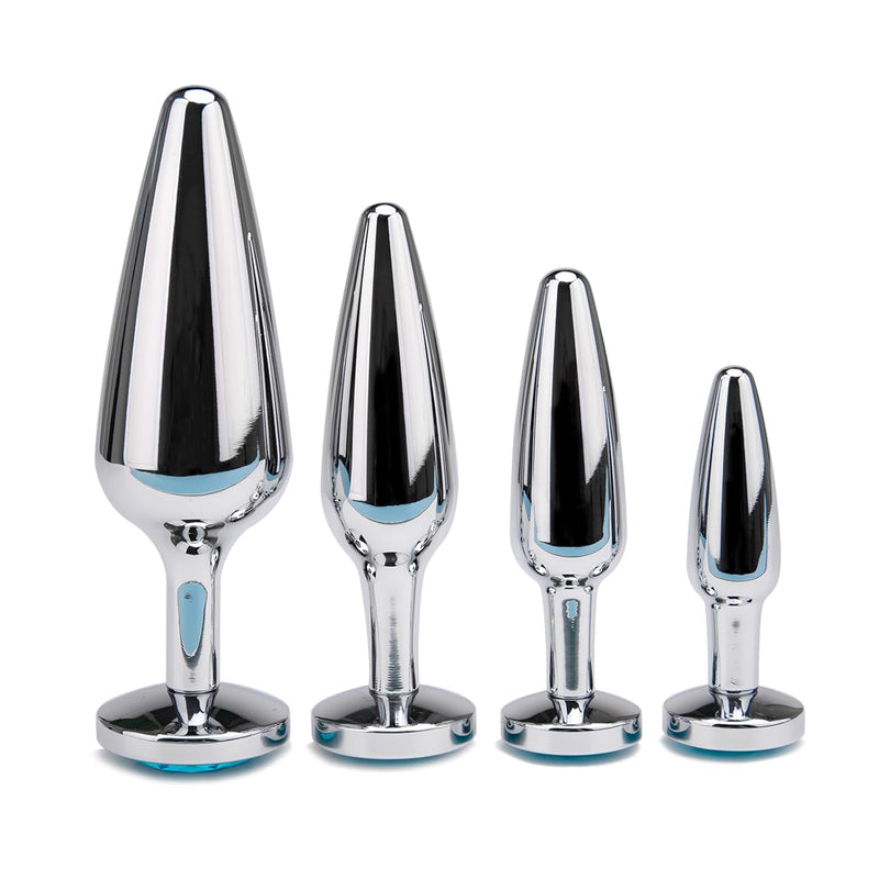 4 Pcs Metal Silvery Butt Plug Set With Pull Ring Adult Sex Sm Toys Smooth Metal Anal Plug Kit For Couple(A)