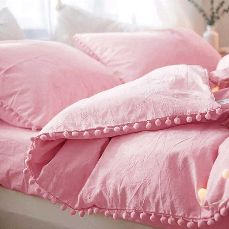 Pink Comforter Set Twin Size, 2 Piece Boho Pom Fringed Twin Xl Preppy Bed Set,